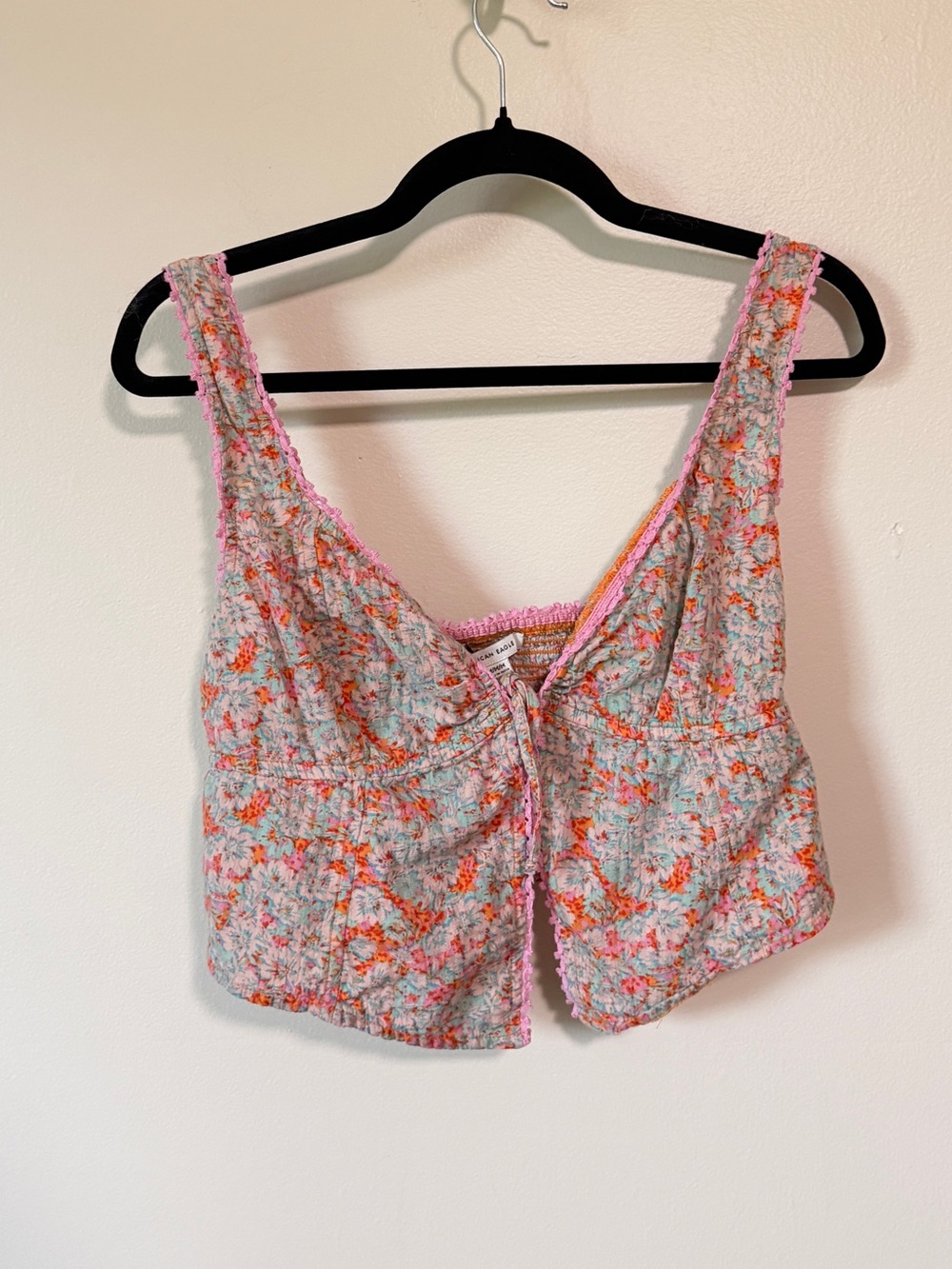 American Eagle bandeau tie crop top boho blouse cotton pink floral size MED